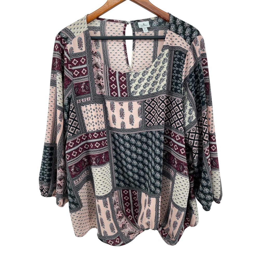 Patchwork Blouse Top Womens 2X Pink Black Floral Artsy Western Cottage Boho
